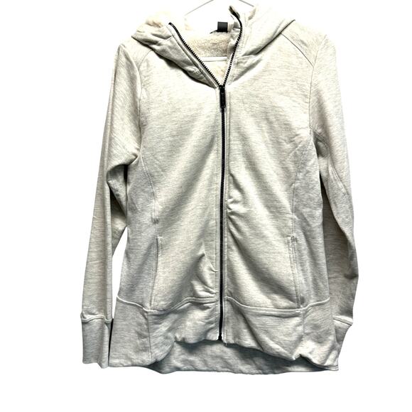 EDDIE BAUER Women M Off White Hooded SWEATSHIRT Faux Fur Lined Full Zip - Picture 1 of 11
